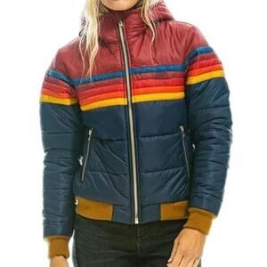 NWT ~ Women's Short Rainbow Multicolor Winter Puffer Jacket with Hood ~ Size XS